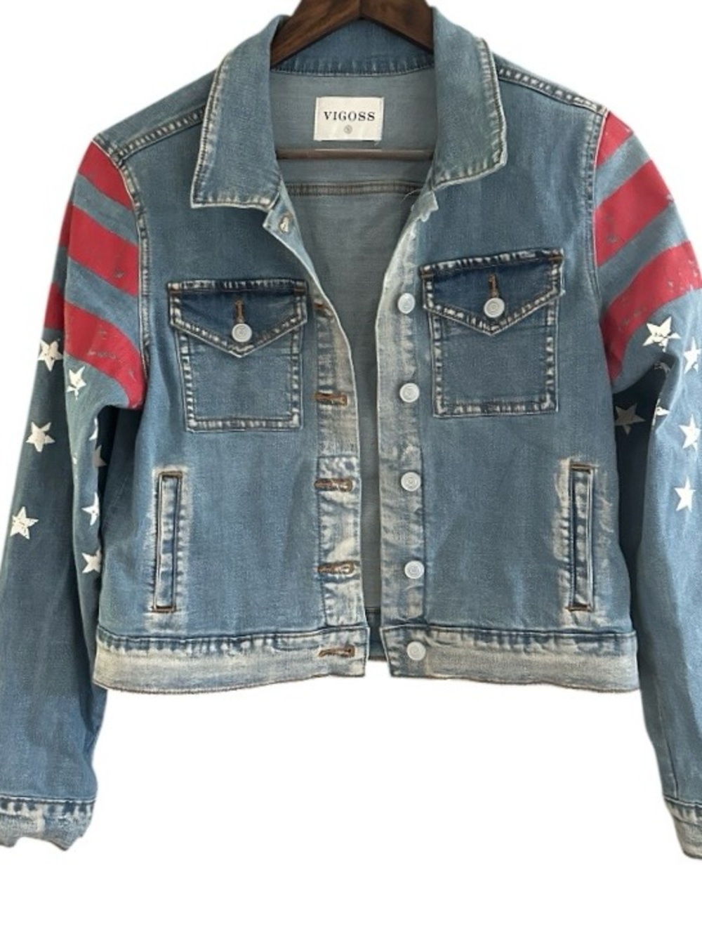 VIGOSS Patriotic Stars Stripes Denim Jacket Women’s Sz S EUC Cropped Jean Jacket